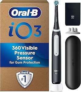 Oral-B iO 3 Matt Black Ultimate Clean Electric Toothbrush, 1 Refill Holder, 1 Charger Pouch, 1 Travel Case, Designed by Braun, Packaging May Vary